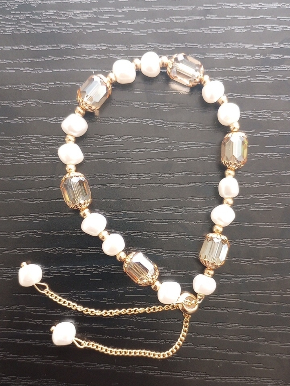 Elegant White Faux Pearl & Golden Brown Bead Bracelet